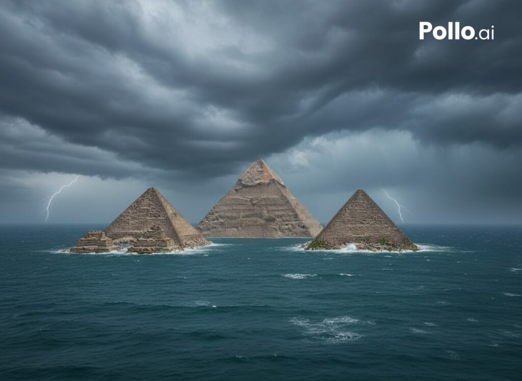 引き潮でせき止められ、14mの塩水湖ができた。海の中にピラミッドの上部だけが見えている。