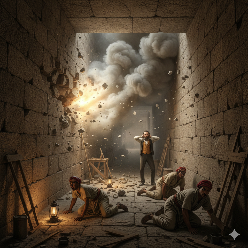 Weiss investigates the inside of the pyramid, destroying it with bombs.