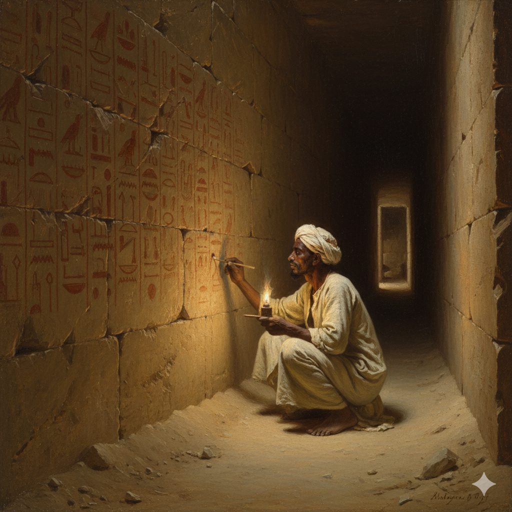 Weiss's henchman signs Khufu's name inside the deserted pyramid.