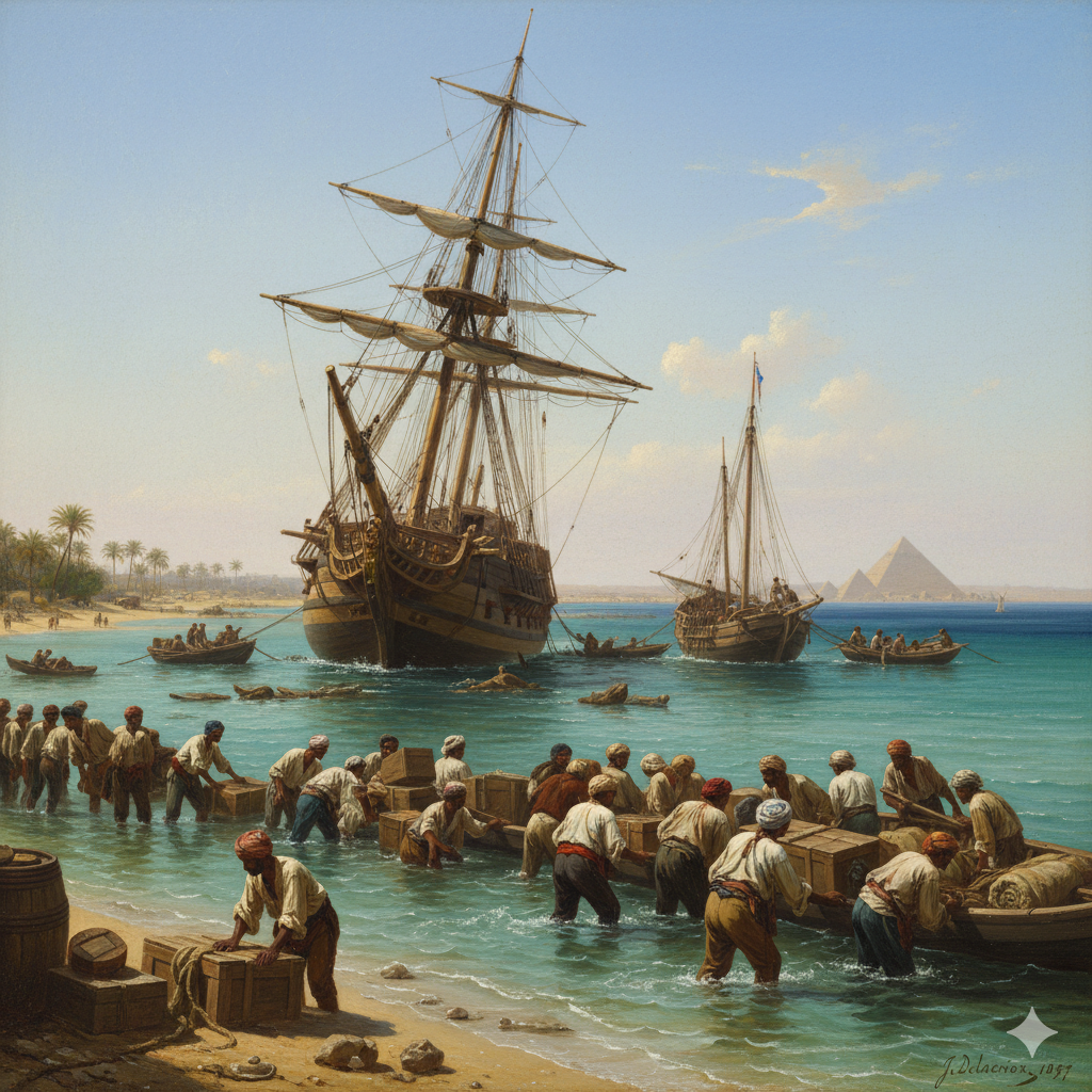 The Beatrice has run aground in shallow waters and is tilted to one side. The crew is carrying out their luggage.