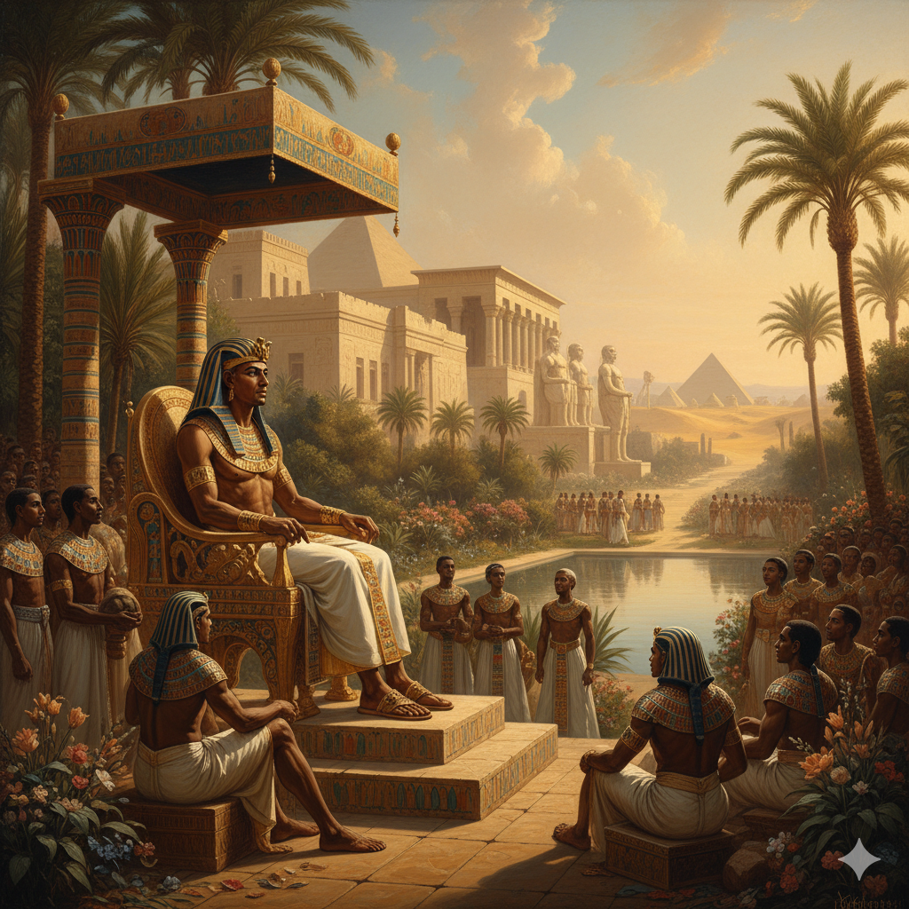 The New Kingdom: A magnificent palace and Ramses II, attended by many slaves.