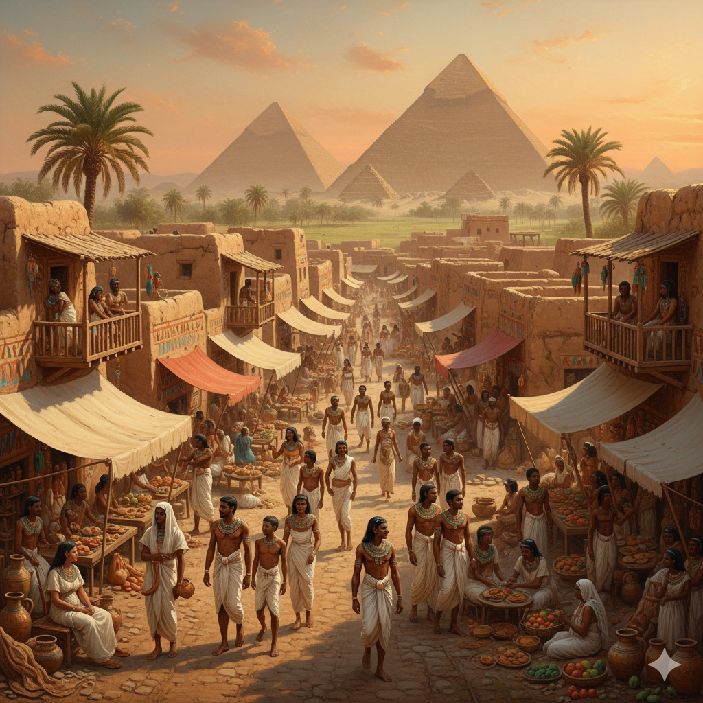 中王国時代の賑わう市場。金山からの金で、経済も文化も爛熟した。