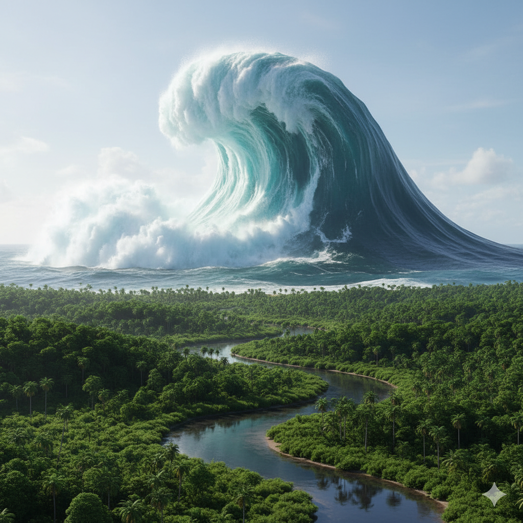 エジプト沿岸で、180mもの津波なった。上陸直前の波の様子。