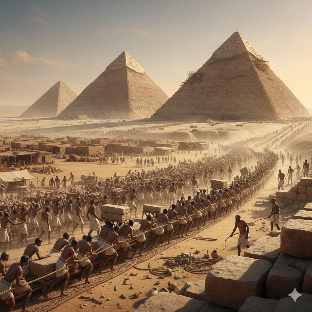 The construction of the pyramids using human wave tactics. This is what we imagine.