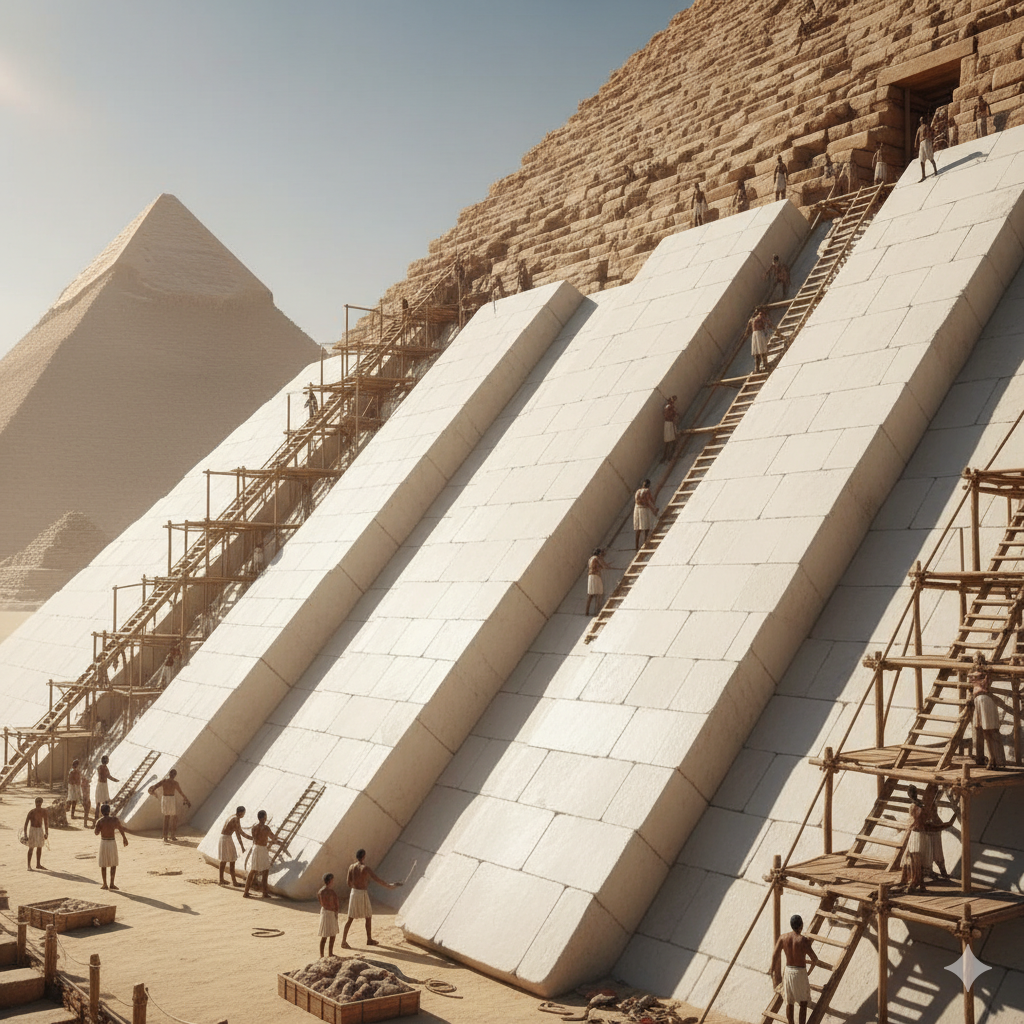 Artist's impression of the pyramid's decorative panels being installed.