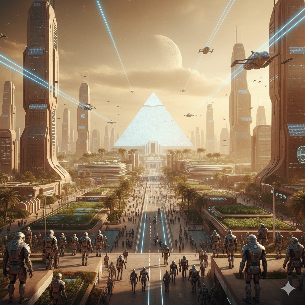 38420年前のピラミッドを建設した人類の様子。白く輝くピラミッドと、アーマースーツを着る人々。