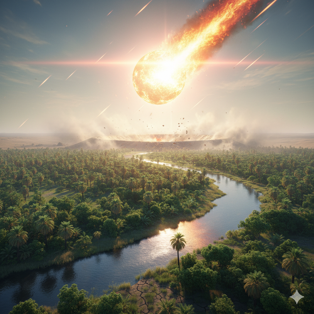 1.5kmの隕石が落下してくる風景。隕石が光り輝いている。