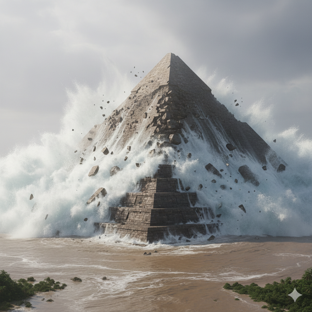 津波の威力で外装版を破壊されたピラミッド。