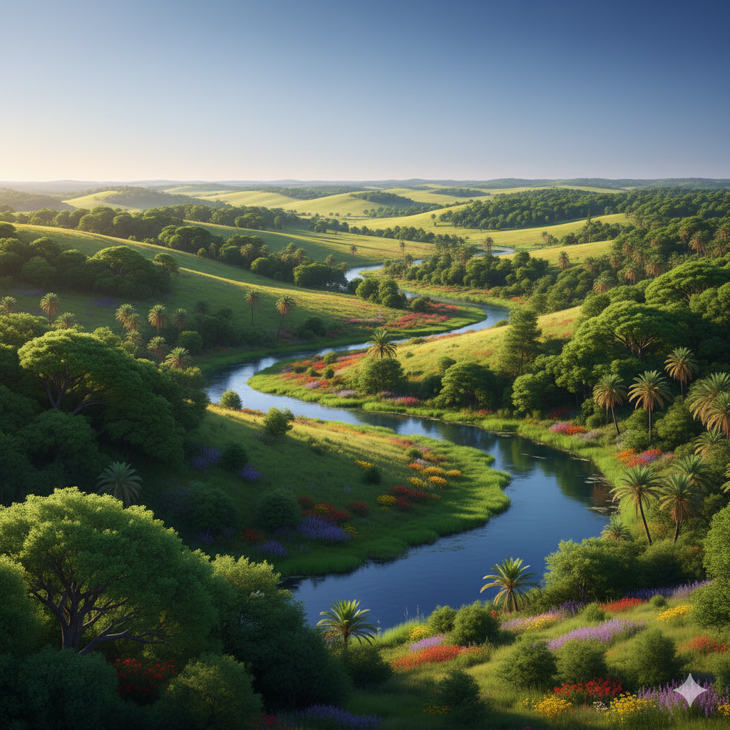 38420年前のエジプトの風景。緑の中をナイル川が流れている。