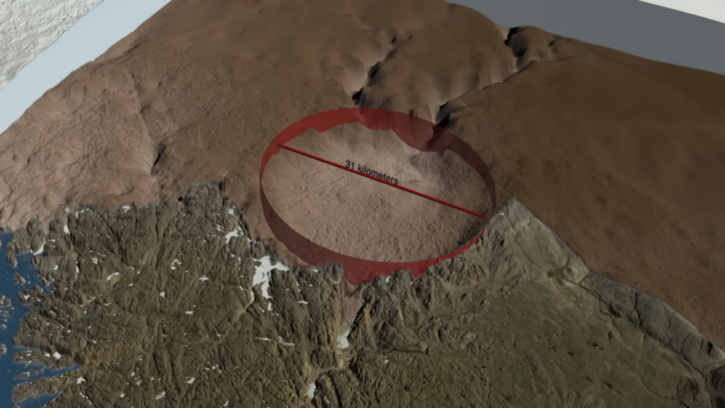 グリーンランドの氷床の下から発見された直径31kmの「ハイアワサ・クレーター」の3D画像。