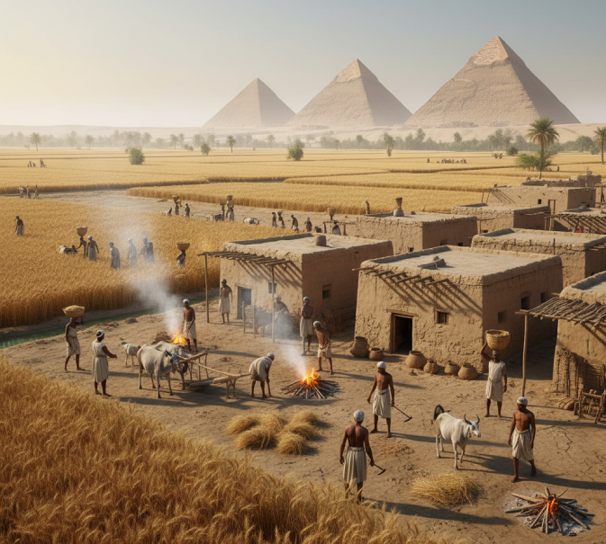 古王国時代の農業中心の人々の生活の様子。遠方にピラミッドが見えている。